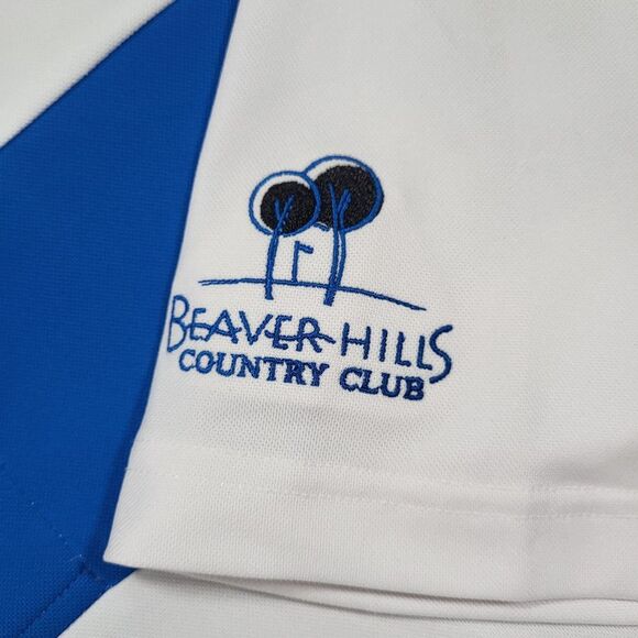 FootJoy Mens Large White Blue Smooth Pique Pieced Stripe Polo course logo sleeve - Picture 4 of 9